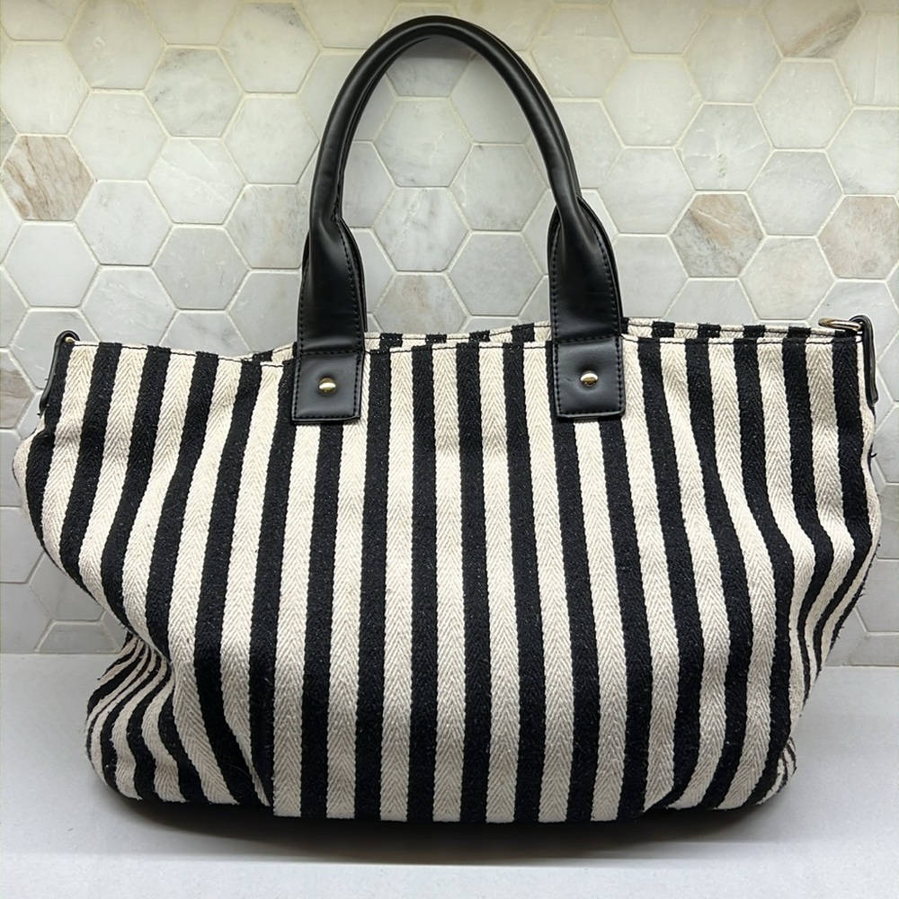 Moda Luxe Black & Cream Vertical Stripe Hobo Tote